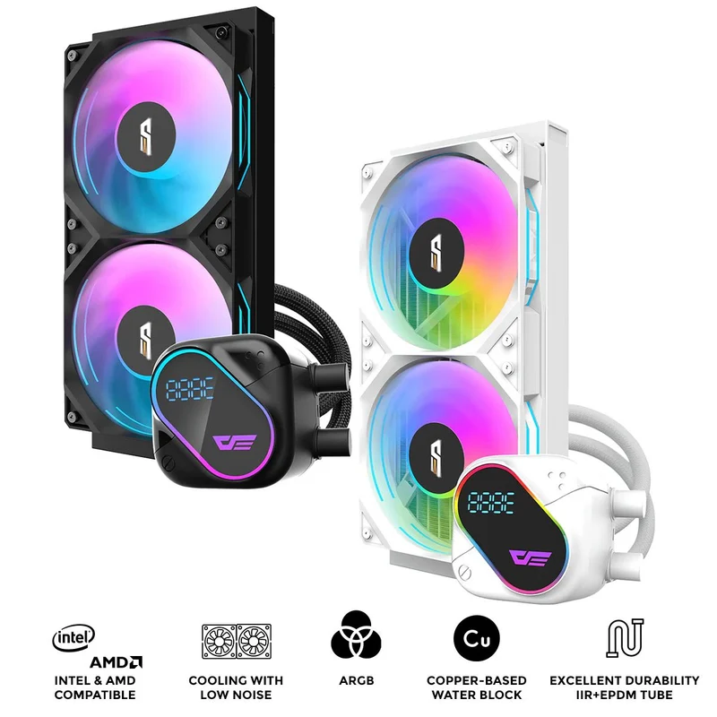DarkFlash Explore DO 240 AIO 240mm Liquid CPU Cooler with Digital Screen Temperature (Black, White)