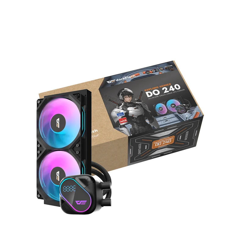 DarkFlash Explore DO 240 AIO 240mm Liquid CPU Cooler with Digital Screen Temperature (Black, White)