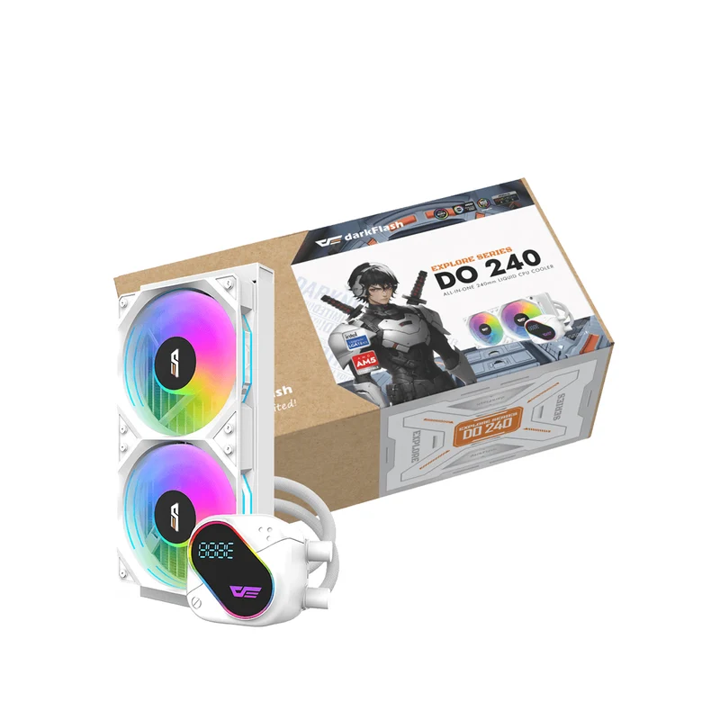 DarkFlash Explore DO 240 AIO 240mm Liquid CPU Cooler with Digital Screen Temperature (Black, White)