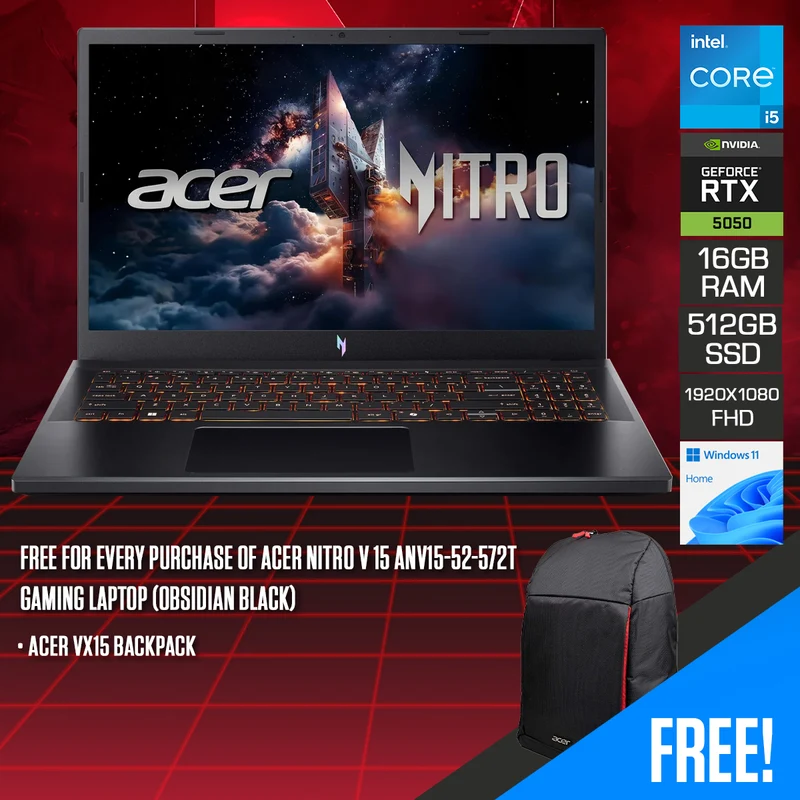 Acer Nitro V 15 ANV15-52-572T Gaming Laptop (Obsidian Black) | 15.6" FHD (1920x1080) 165Hz | Core i5-13420H | 16GB RAM | 512GB SSD | RTX 5050 | Windows 11 Home | Acer VX15 Backpack