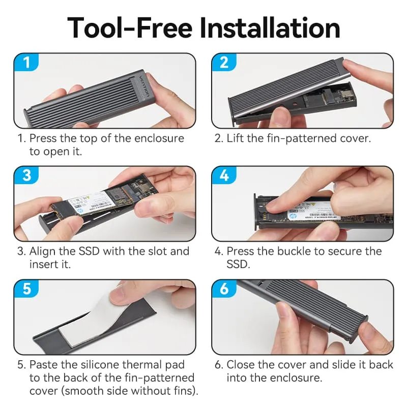 Vention M.2 NVMe & SATA SSD Enclosure (USB 3.2 Gen 2-C) with Heat Sink Gray Aluminum Alloy Type (KPLH0)