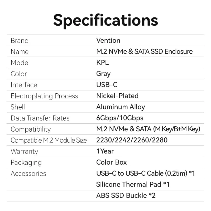 Vention M.2 NVMe & SATA SSD Enclosure (USB 3.2 Gen 2-C) with Heat Sink Gray Aluminum Alloy Type (KPLH0)