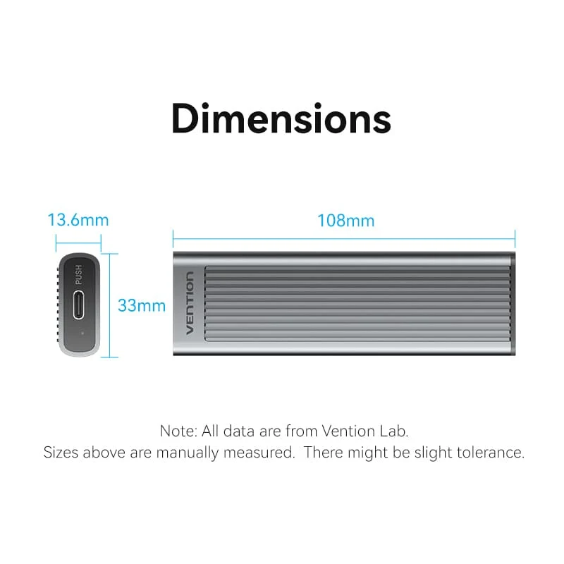 Vention M.2 NVMe & SATA SSD Enclosure (USB 3.2 Gen 2-C) with Heat Sink Gray Aluminum Alloy Type (KPLH0)