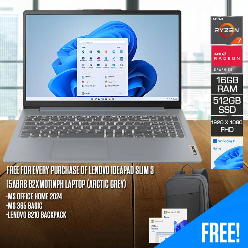 Lenovo IdeaPad Slim 3 15ABR8 82XM011NPH Laptop (Arctic Grey) | 15.6" FHD (1920x1080) TN | Ryzen 7 5825U | 16GB RAM | 512GB SSD | Integrated AMD Radeon Graphics | Windows 11 Home | MS Office Home 2024 + MS 365 Basic + Lenovo B210 Backpack