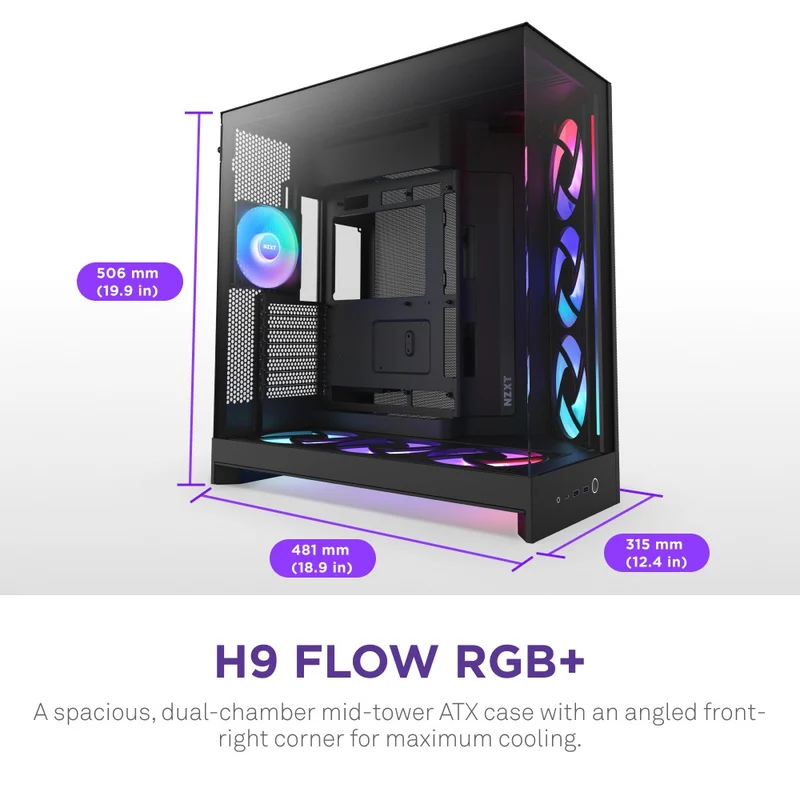 NZXT H9 Flow RGB+ Large Dual-Chamber Mid-Tower ATX Airflow Case with RGB & Control Hub (Black, White)
