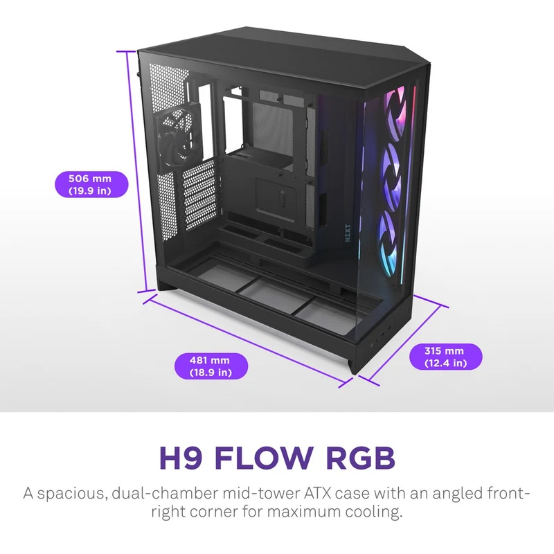 NZXT H9 Flow RGB+ Large Dual-Chamber Mid-Tower ATX Airflow Case with RGB & Control Hub (Black, White)