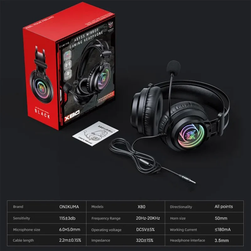 Onikuma X80 Abyss Mirror Wired Gaming Headphone with Microphone (Black)