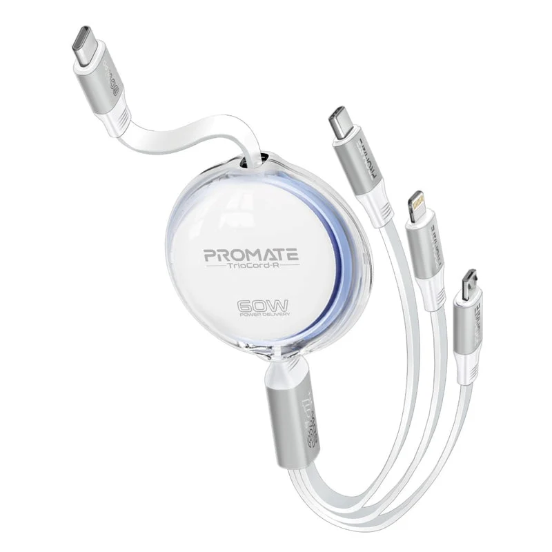 Promate TrioCord-R 3-in-1 110cm USB-C & Lightning Ultra-Fast Retractable Multi-Connector Cable (White)