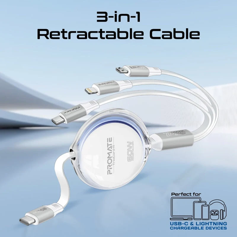 Promate TrioCord-R 3-in-1 110cm USB-C & Lightning Ultra-Fast Retractable Multi-Connector Cable (White)