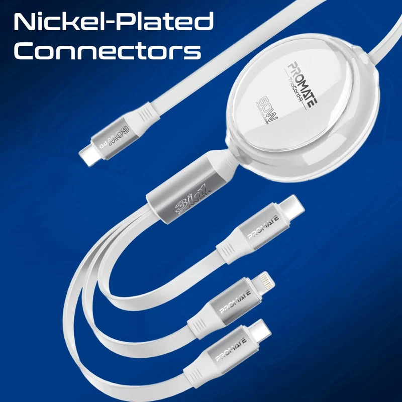 Promate TrioCord-R 3-in-1 110cm USB-C & Lightning Ultra-Fast Retractable Multi-Connector Cable (White)