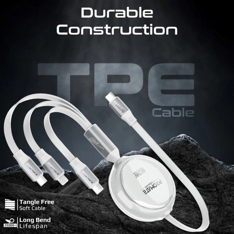 Promate TrioCord-R 3-in-1 110cm USB-C & Lightning Ultra-Fast Retractable Multi-Connector Cable (White)