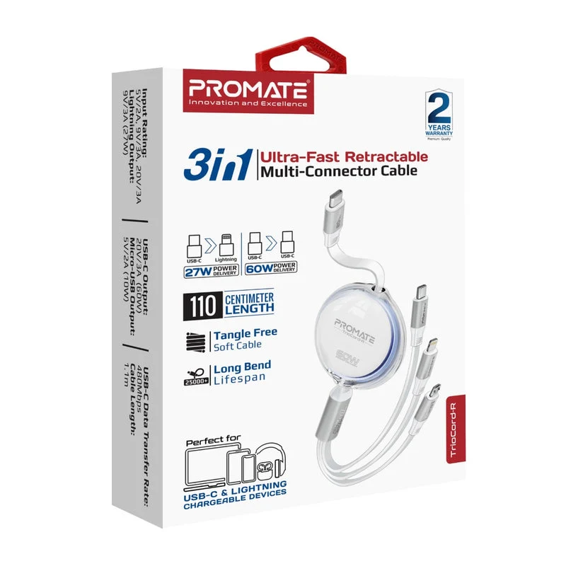 Promate TrioCord-R 3-in-1 110cm USB-C & Lightning Ultra-Fast Retractable Multi-Connector Cable (White)