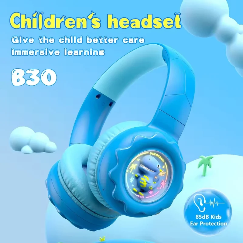 Onikuma B30 Little Dinosaur Ear Wireless Headset with 85dB Kids Ear Protection (Blue)