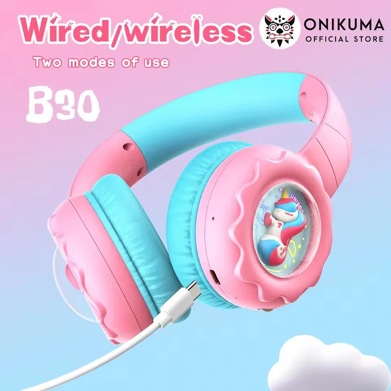 Onikuma B30 Unicorn Ear Wireless Headset with 85dB Kids Ear Protection (Pink)