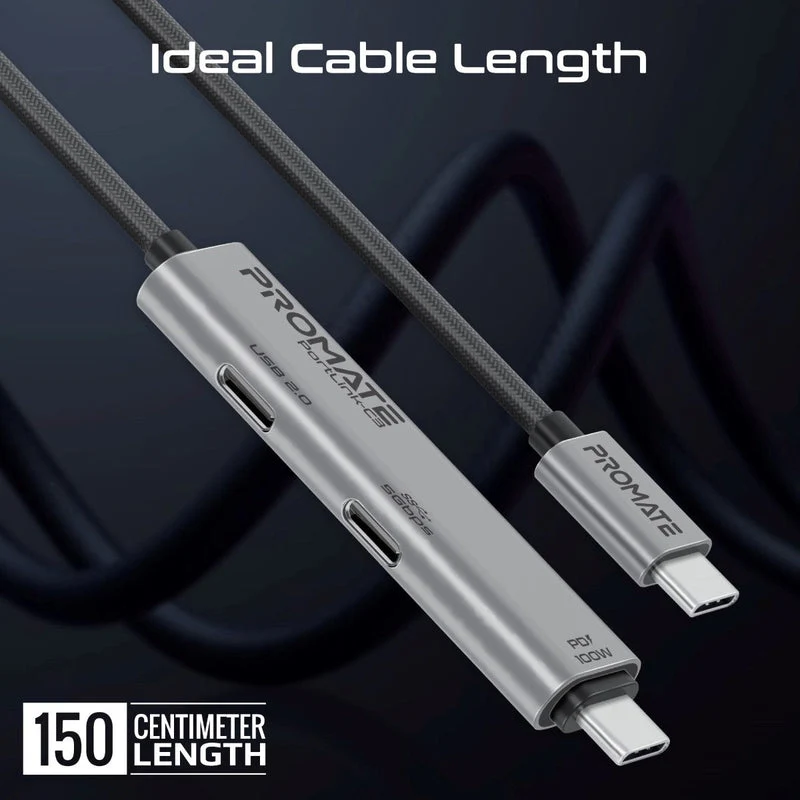 Promate PortLink-C3 100W Power Delivery Dual USB-C 150cm Port Data & Charge Cable