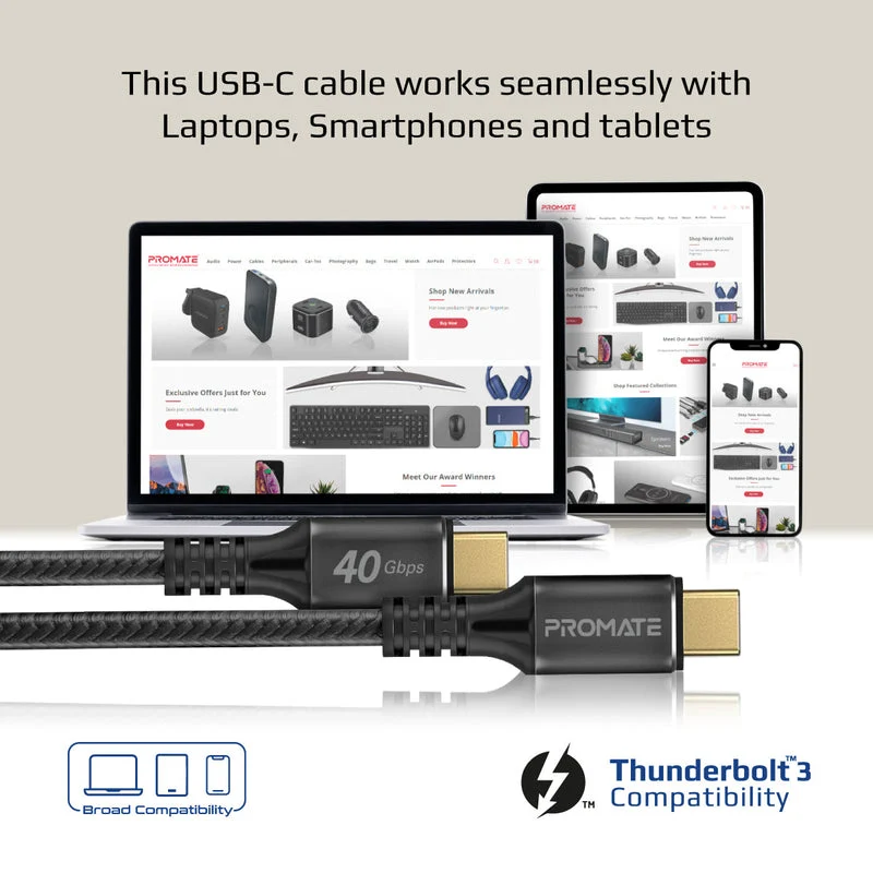 Promate PowerBolt240-1M 240W 40Gbps Thunderbolt 3 100cm Super Speed Fast Charging USB-C Cable