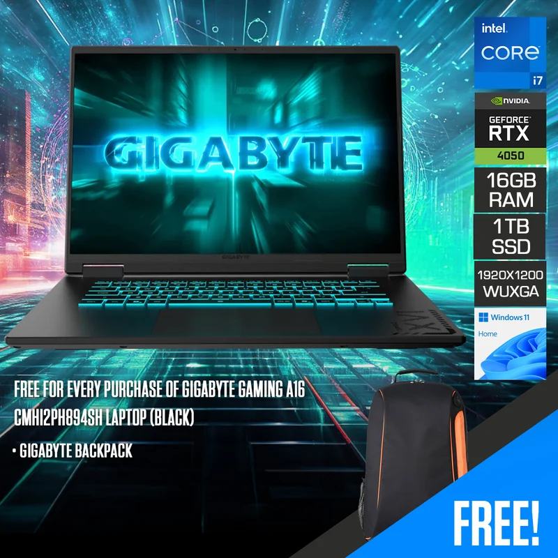 Gigabyte Gaming A16 CMHI2PH894SH Laptop (Black) | 16" WUXGA (1920x1200) 165Hz | Core i7-13620H | 16GB RAM | 1TB SSD | RTX 4050 | Windows 11 Home | Gigabyte Backpack