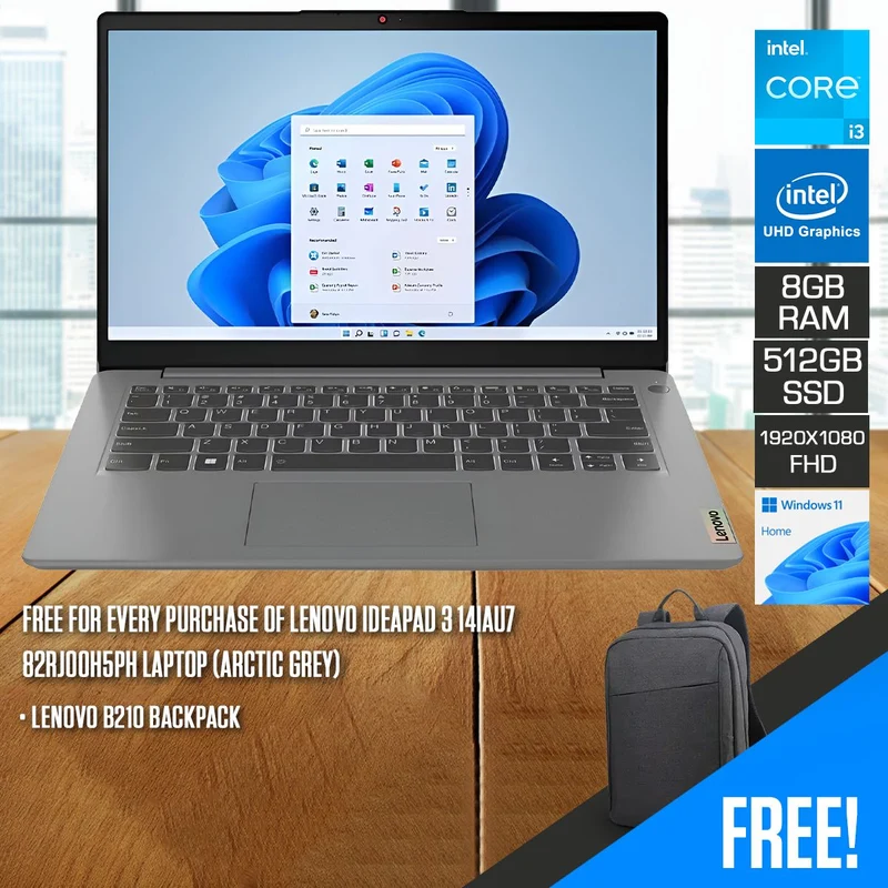 Lenovo IdeaPad 3 14IAU7 82RJ00H5PH Laptop (Arctic Grey) | 14" FHD (1920x1080) TN | Core i3-1215U | 8GB RAM | 512GB SSD | Intel UHD Graphics | Windows 11 Home | Lenovo B210 Backpack