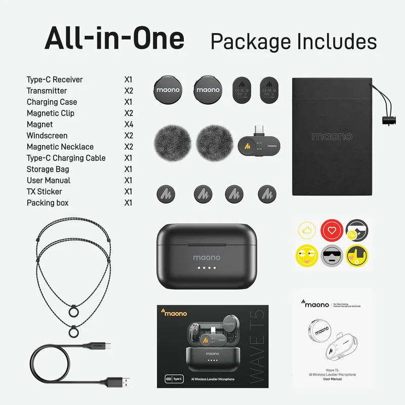 Maono Wave T5 WM650 PC2 AI Wireless Lavalier Microphone for Type-C /iPhone 15/16