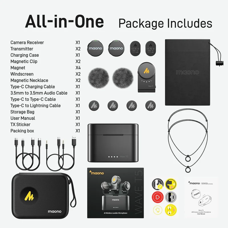 Maono Wave T5 WM650 PA2 AI Wireless Lavalier Microphone for Camera