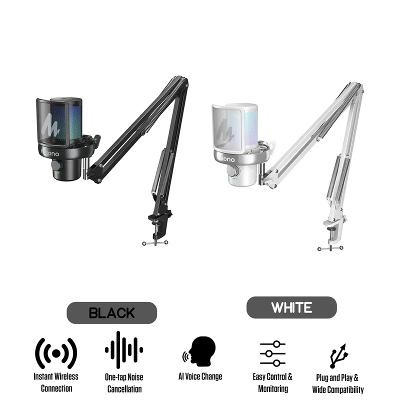 Maono DM40 Pro S Wireless RGB Condenser Gaming Desktop Microphone with Boom Arm (Black, White)