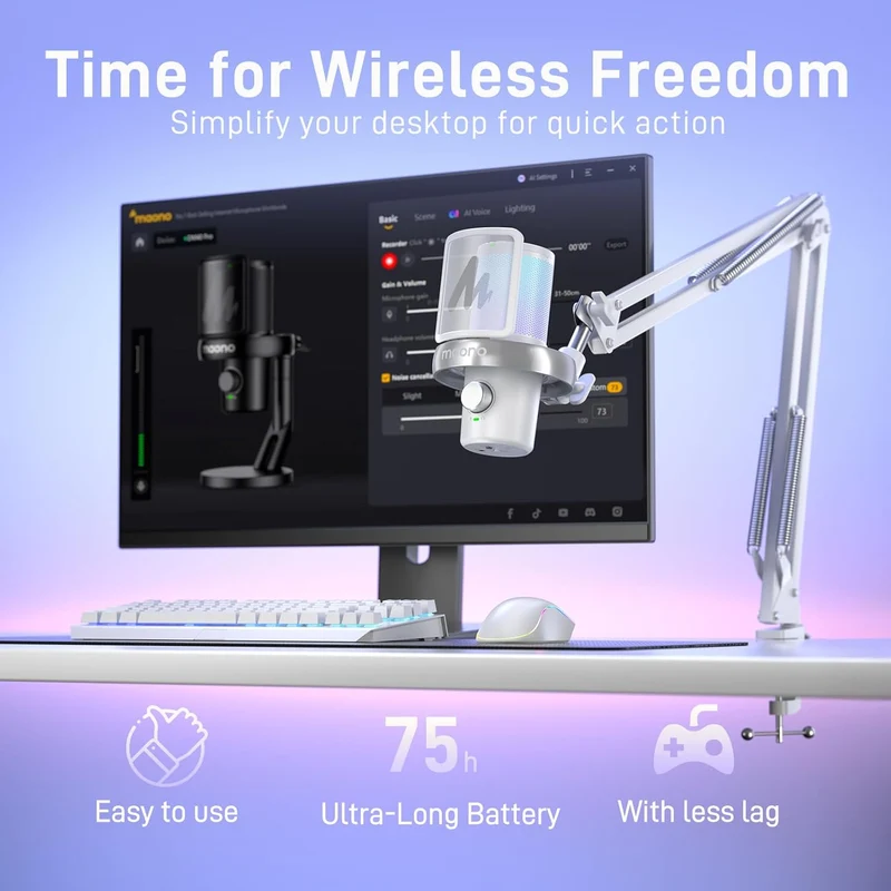 Maono DM40 Pro S Wireless RGB Condenser Gaming Desktop Microphone with Boom Arm (Black, White)