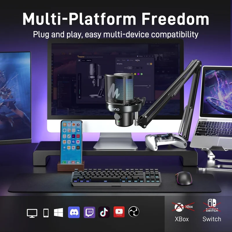Maono DM40 Pro S Wireless RGB Condenser Gaming Desktop Microphone with Boom Arm (Black, White)