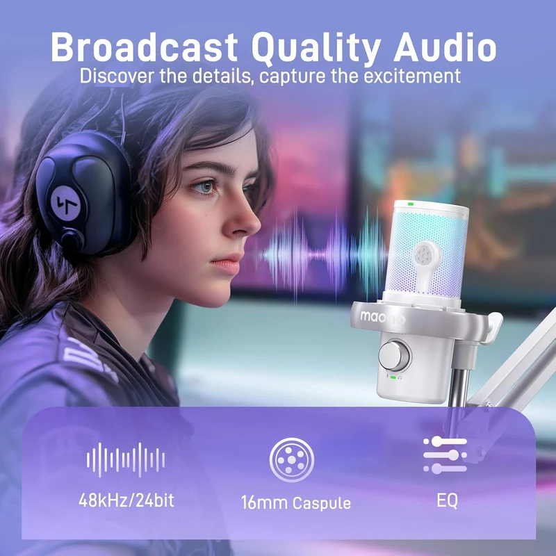 Maono DM40 Pro S Wireless RGB Condenser Gaming Desktop Microphone with Boom Arm (Black, White)