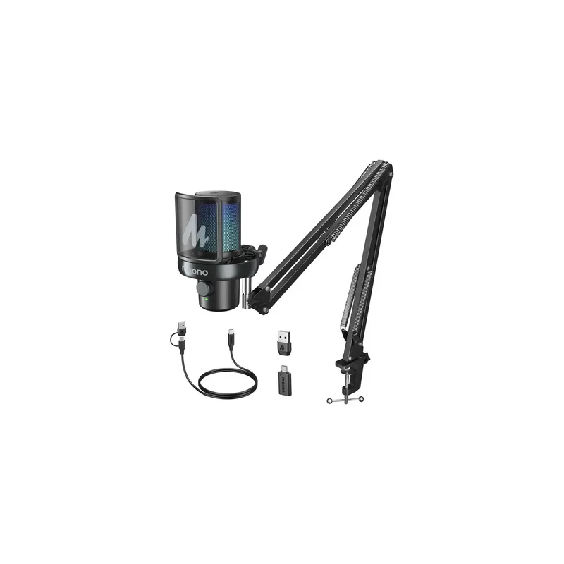 Maono DM40 Pro S Wireless RGB Condenser Gaming Desktop Microphone with Boom Arm (Black, White)