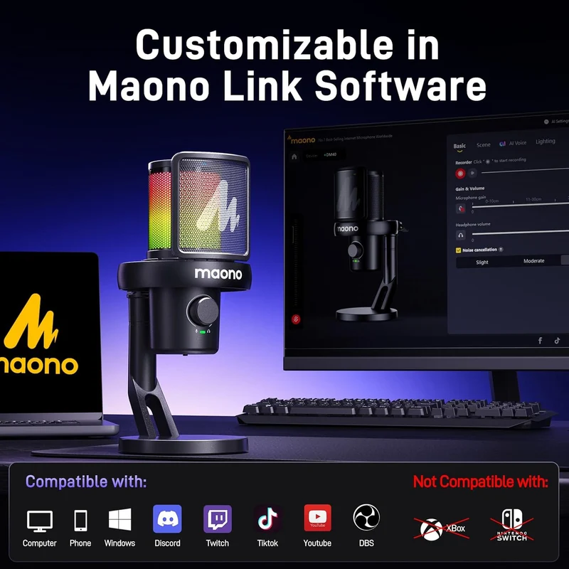 Maono DM40 Pro Wireless RGB Condenser Gaming Desktop Microphone (Black, White)