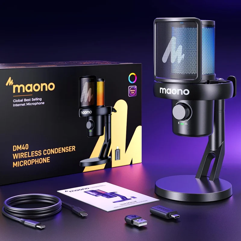 Maono DM40 Pro Wireless RGB Condenser Gaming Desktop Microphone (Black, White)