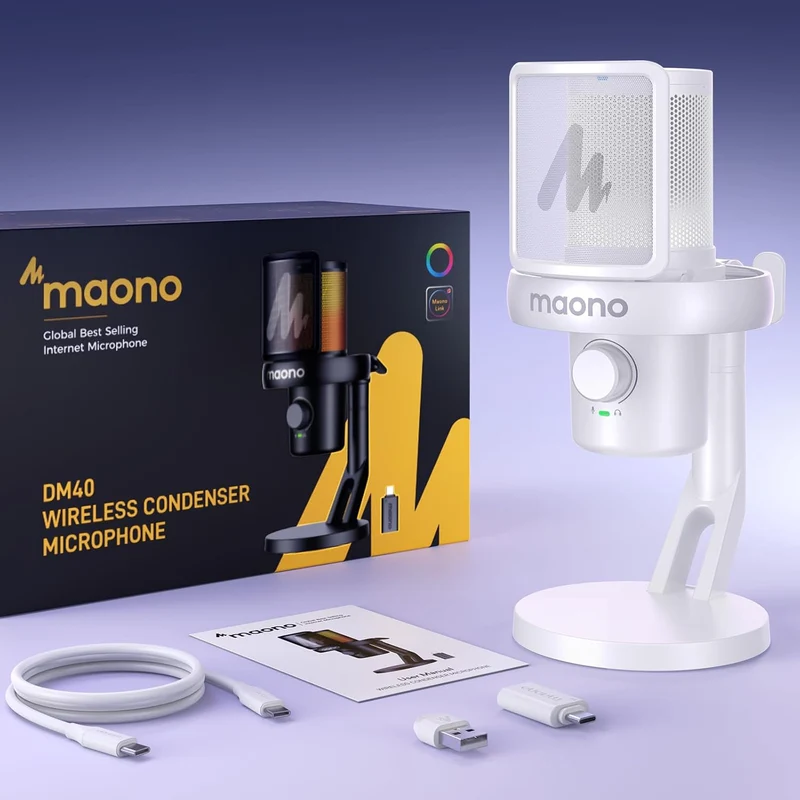 Maono DM40 Pro Wireless RGB Condenser Gaming Desktop Microphone (Black, White)