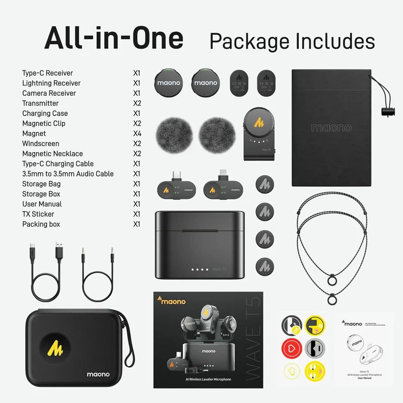 Maono Wave T5 WM650 PA3 AI Wireless Lavalier Microphone Combo Version for Camera / Lightning / Type-C