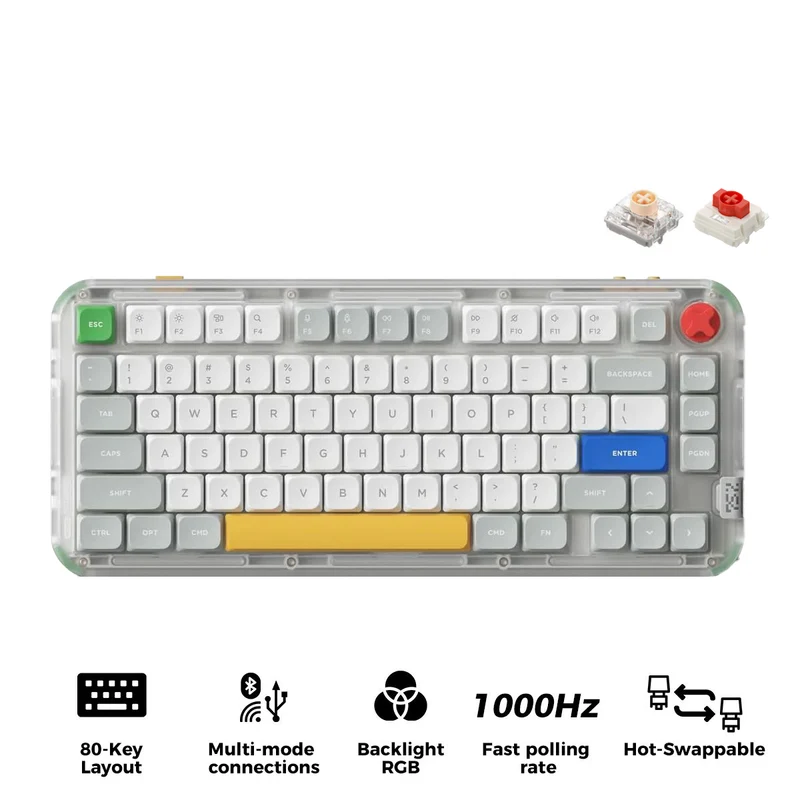 NuPhy Kick75 Hybrid Low-Profile IO RGB Hot-Swappable 80-Key Custom Mechanical Wireless Keyboard (Tape Gray) (Blush Switch, Red Switch)