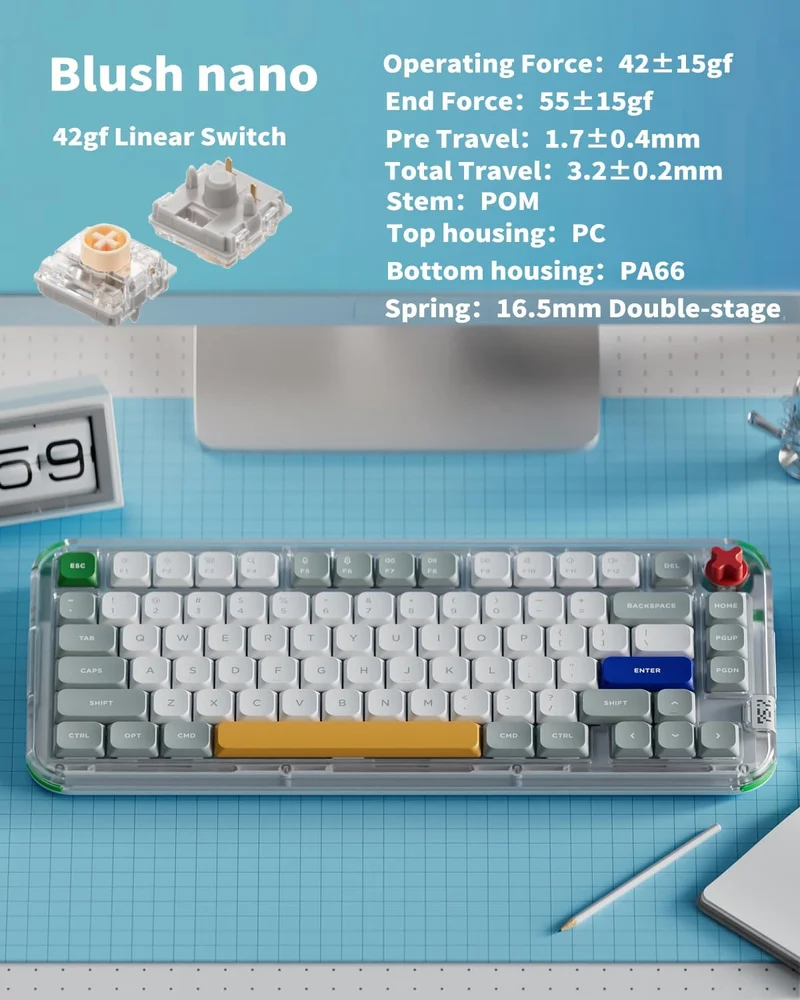 NuPhy Kick75 Hybrid Low-Profile IO RGB Hot-Swappable 80-Key Custom Mechanical Wireless Keyboard (Tape Gray) (Blush Switch, Red Switch)