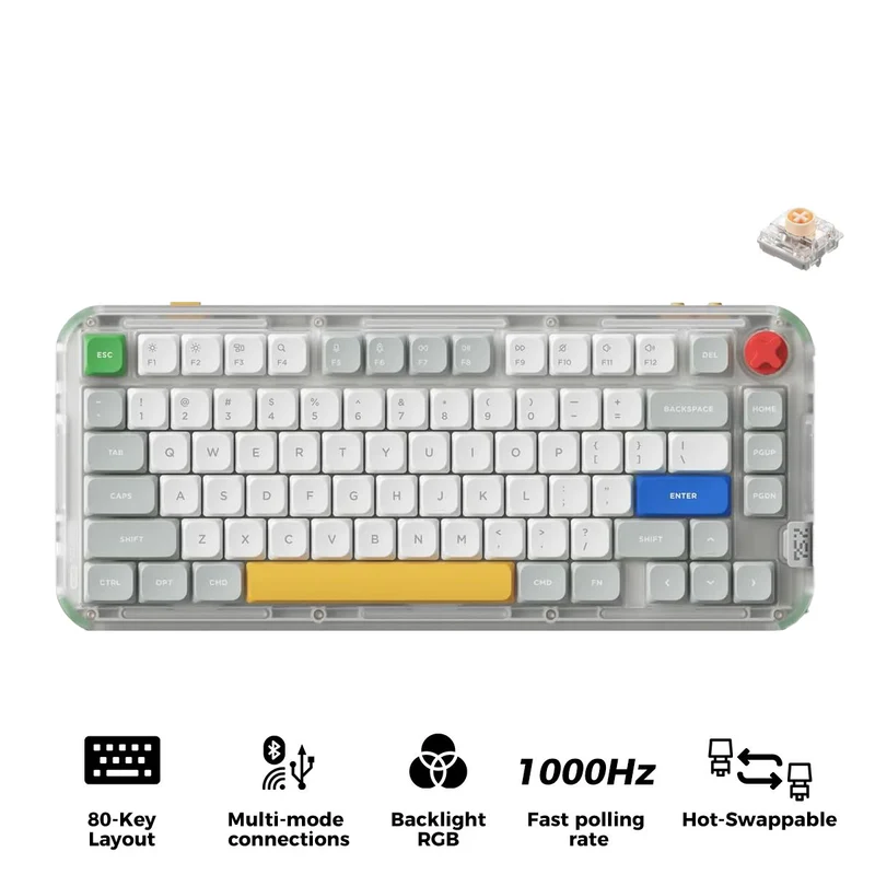 NuPhy Kick75 Hybrid Low-Profile IO RGB Hot-Swappable 80-Key Custom Mechanical Wireless Keyboard (Tape Gray) (Blush Switch, Red Switch)