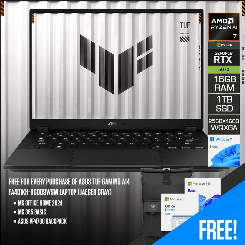 Asus TUF Gaming A14 FA401KH-RG009WSM Laptop (Jaeger Gray) | 14" 2.5K (2560x1600) 165Hz IPS | Ryzen AI 7 350 | 16GB RAM | 1TB SSD | RTX 5050 GN22-X2 | Windows 11 Home | MS Office Home 2024 + MS 365 Basic + Asus VP4700 Backpack
