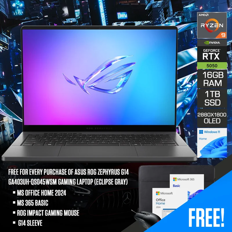 Asus ROG Zephyrus G14 GA403UH-QS045WSM Gaming Laptop (Eclipse Gray) | 14" 3K (2880x1800) OLED 120Hz | Ryzen 9 270 | 16GB RAM | 1TB SSD | RTX 5050 GN22-X2 | Windows 11 Home | MS Office Home 2024 + MS 365 Basic + ROG Impact Gaming Mouse + G14 Sleeve