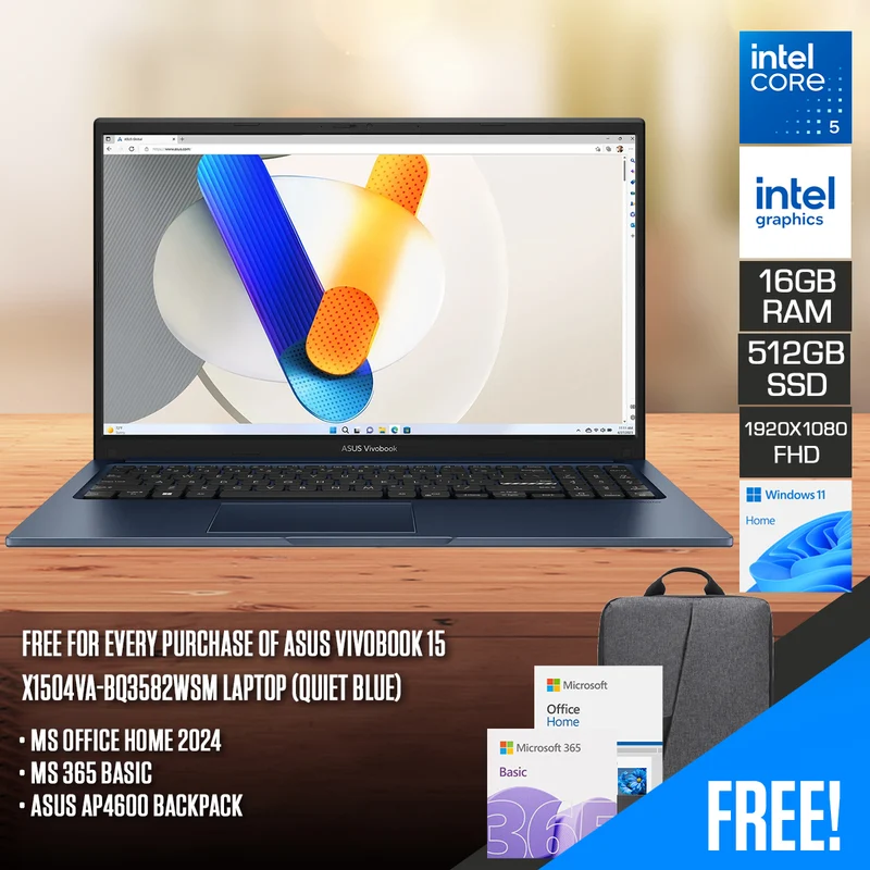 Asus Vivobook 15 X1504VA-BQ3582WSM Laptop (Quiet Blue) | 15.6" FHD (1920x1080) IPS 60Hz | Core 5-120U | 16GB RAM | 512GB SSD | Intel Graphics (Shared) | Win11 Home | MS Office Home 2024 + MS 365 Basic + Asus AP4600 Backpack