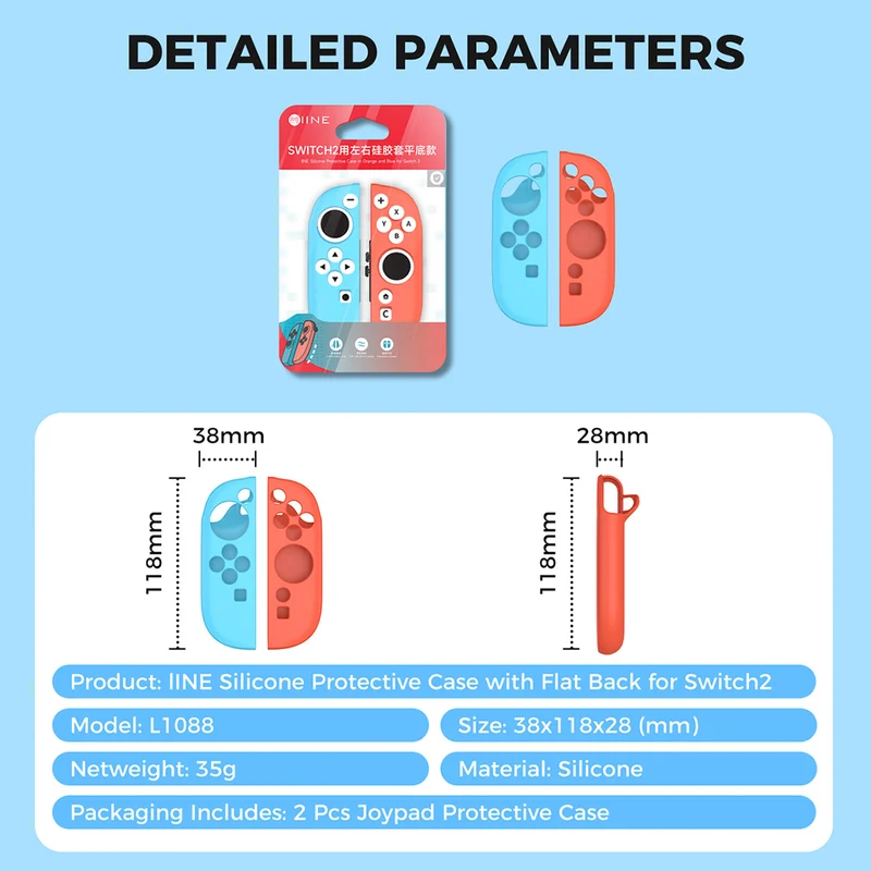 IINE Silicone Protective Case for Nintendo Switch 2 Joy-Con (Black, Orange/Blue) (L1088, L1089)