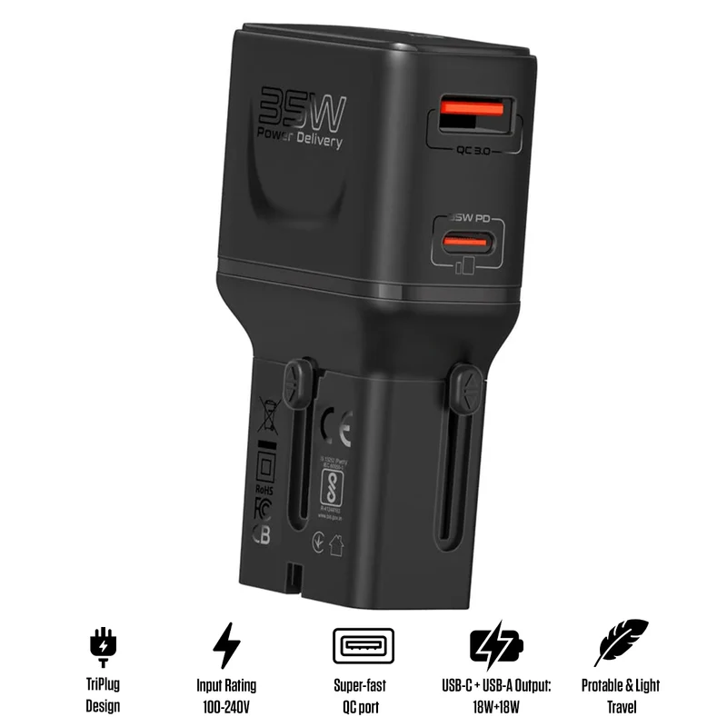 Promate TriPlug-PD35 35W Power Delivery Multi-Port Universal Travel Adapter