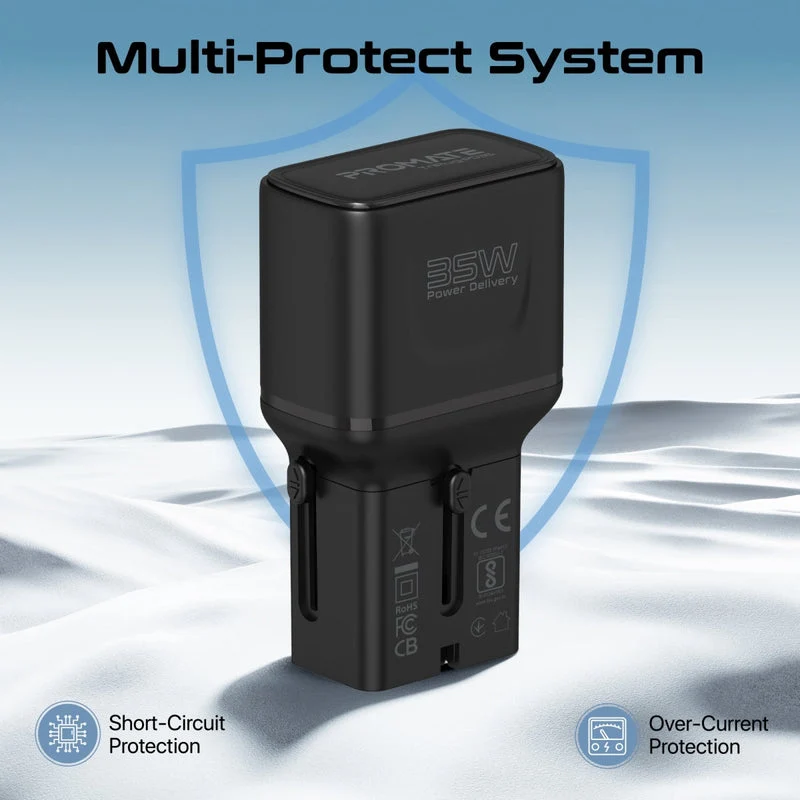 Promate TriPlug-PD35 35W Power Delivery Multi-Port Universal Travel Adapter
