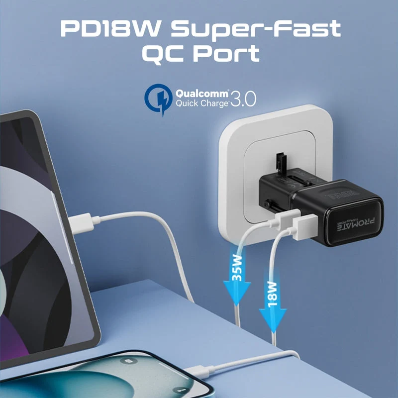 Promate TriPlug-PD35 35W Power Delivery Multi-Port Universal Travel Adapter