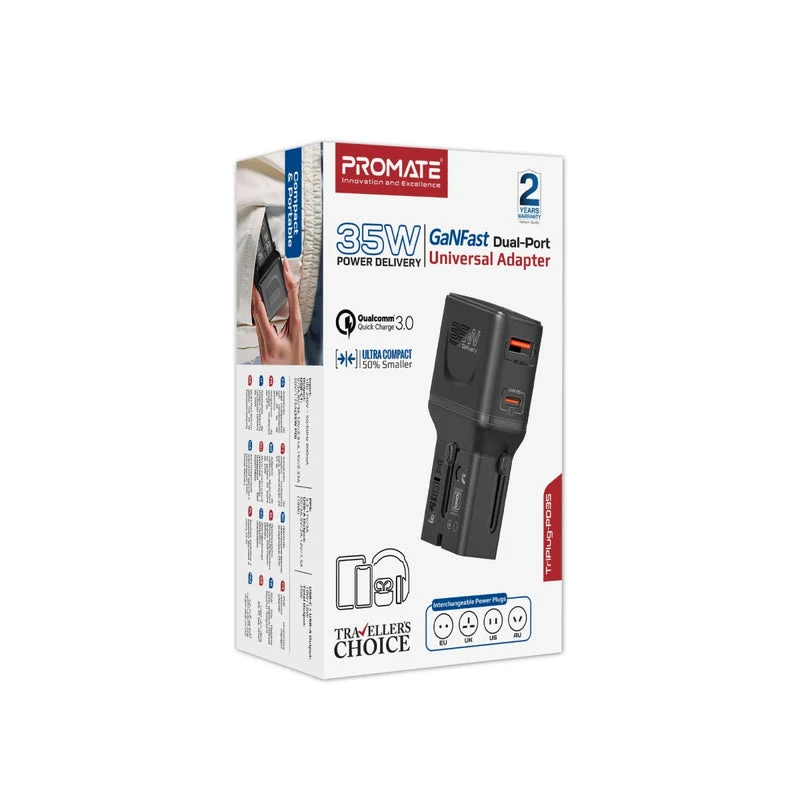 Promate TriPlug-PD35 35W Power Delivery Multi-Port Universal Travel Adapter
