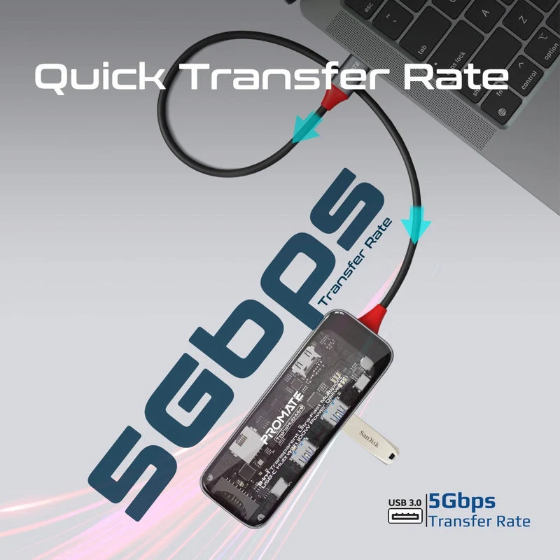 Promate TransHub-Mini 8-in 1 Transparent Ultra-Fast Multiport USB-C Hub with 100W Power Delivery
