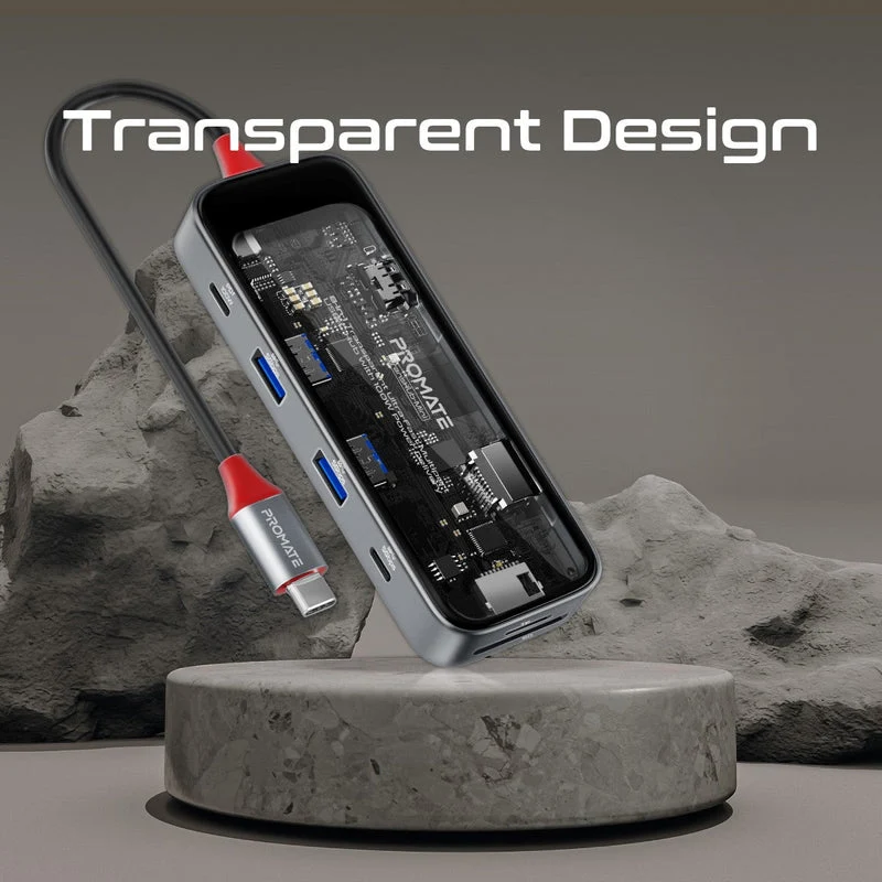 Promate TransHub-Mini 8-in 1 Transparent Ultra-Fast Multiport USB-C Hub with 100W Power Delivery