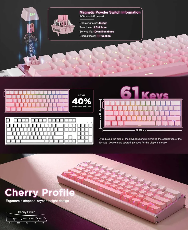 Ajazz ALUX60 RGB Wired 61-Keys Aluminum CNC Case Hot-Swappable Mechanical Keyboard (Gradient Pink) (Magnetic Powder Shaft Switch)