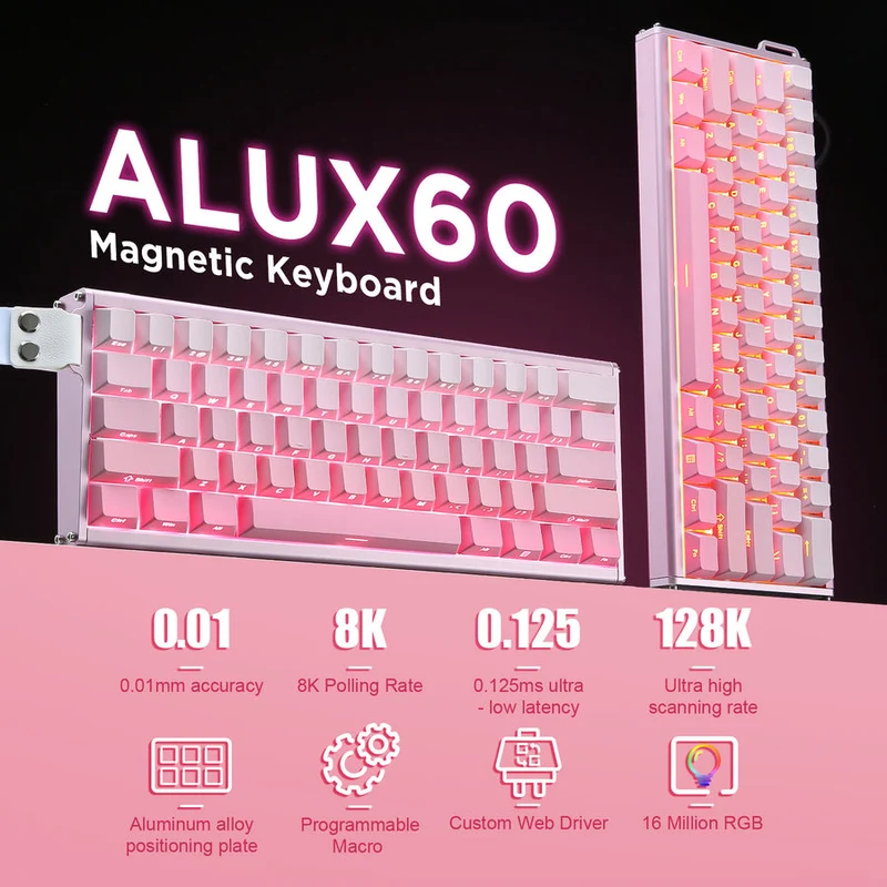 Ajazz ALUX60 RGB Wired 61-Keys Aluminum CNC Case Hot-Swappable Mechanical Keyboard (Gradient Pink) (Magnetic Powder Shaft Switch)