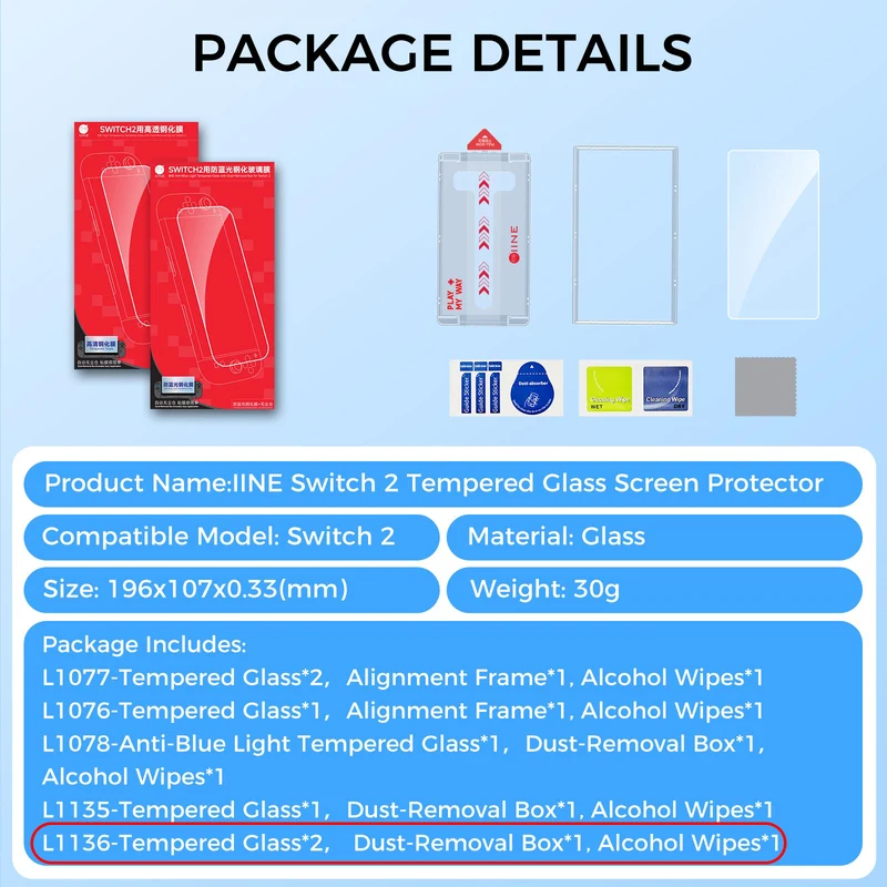 IINE High Transparency Tempered Glass 2-Pack with Dust-Removal Box for Nintendo Switch 2 (L1136)