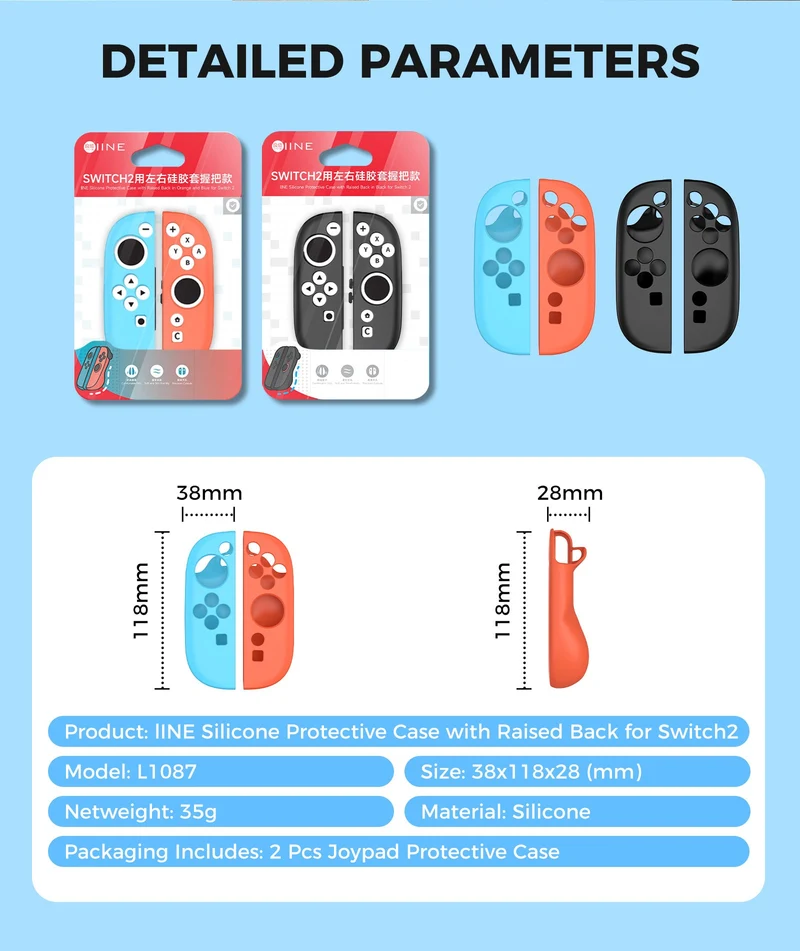 IINE Silicone Protective Case with Raised Back for Nintendo Switch 2 Joy-Con (Black, Orange/Blue) (L1086, L1087)